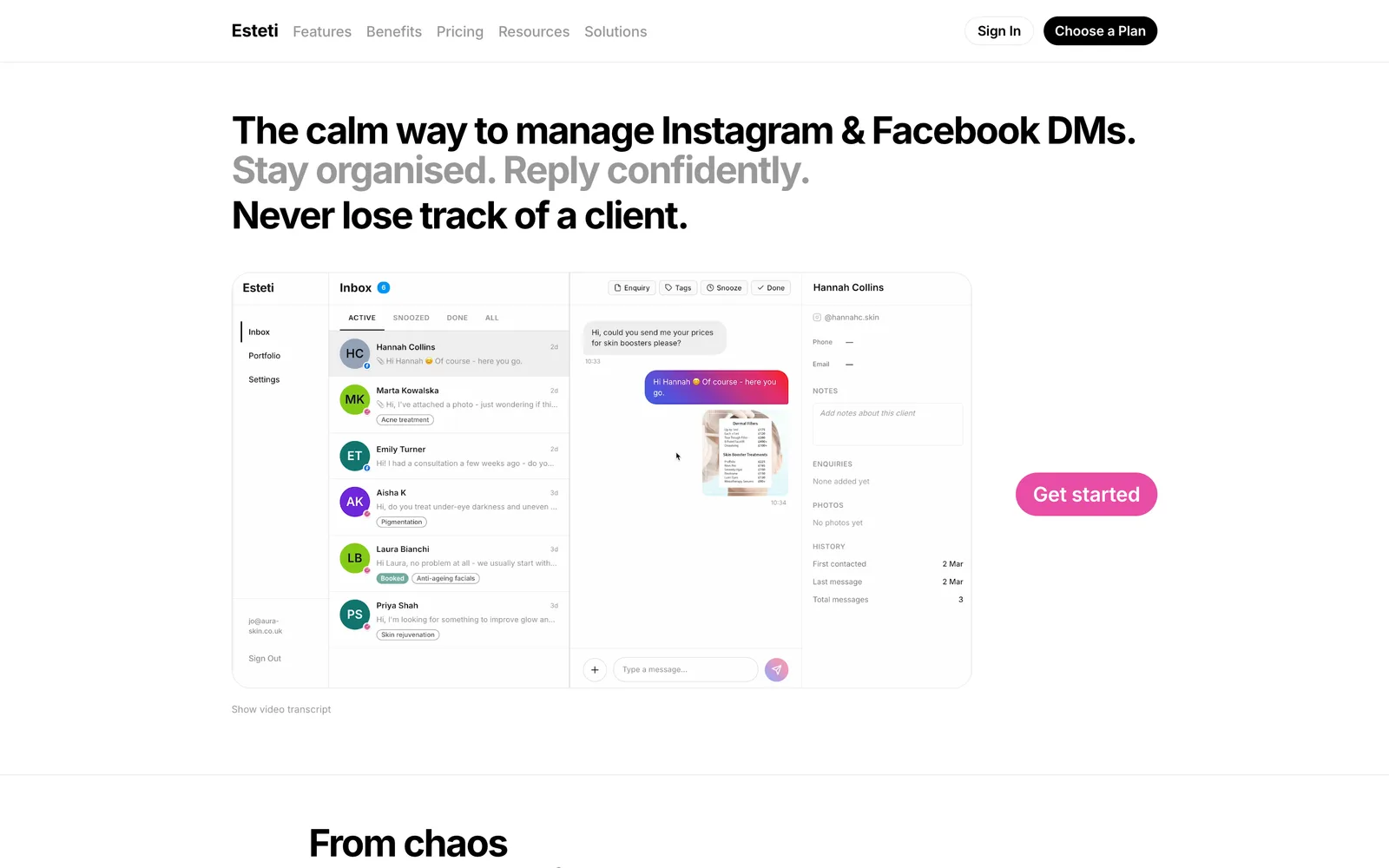 Esteti website on desktop: the headline “The calm way to manage Instagram and Facebook DMs” above a view of the inbox