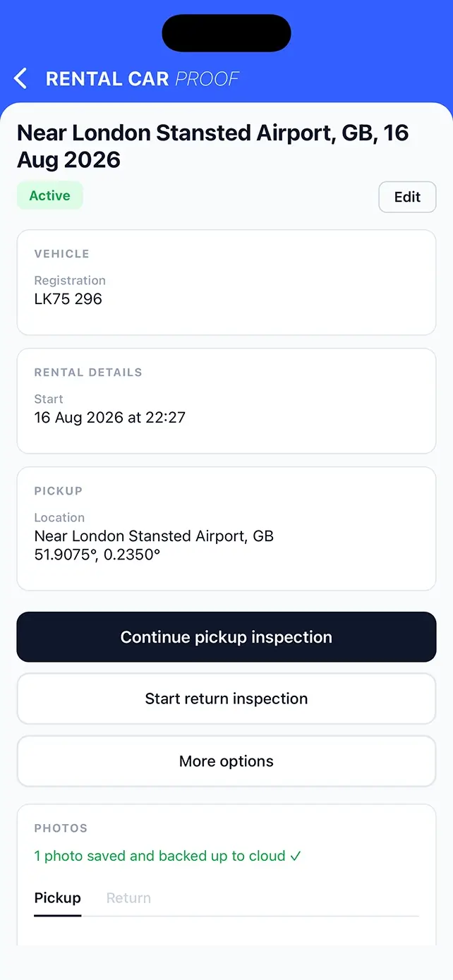 Rental Car Proof app: rental details with options to continue the pickup inspection or start a return inspection